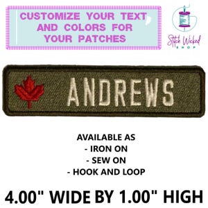 May include: A green embroidered patch with a white name "ANDREWS" and a red maple leaf. The patch is available in iron-on, sew-on, and hook and loop options. It measures 4 inches wide by 1 inch high.