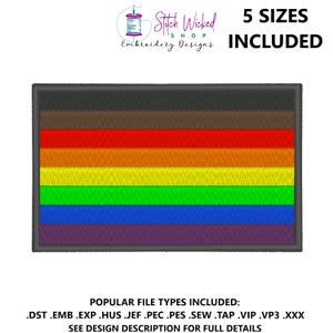 Könnte beinhalten: Rechteckiges Stickdesign mit einer Regenbogenflagge mit horizontalen Streifen in Braun, Rot, Orange, Gelb, Grün, Blau und Lila. Das Design enthält den Text "5 SIZES INCLUDED" und "Stitch Wicked Shop Embroidery Designs".