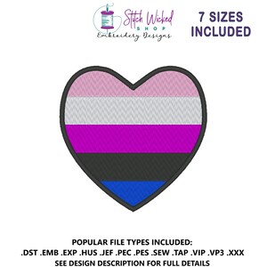 May include: An embroidered heart design with a pink, white, purple, black, and blue striped pattern. The design is outlined in black. The text "7 SIZES INCLUDED" is above the heart. The text "Stitch Wicked Shop Embroidery Designs" is above the heart.