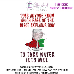 Könnte beinhalten: Gestickte Darstellung eines Weinglases mit Trauben und dem Text "Does anyone know which page of the Bible explains how to turn water into wine".