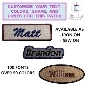 Custom Name Patch, Custom Made Patches for Name Tags and Labels, Choose From 50 Fonts and Colors, Available as Sew On and Iron On Patches