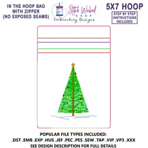 クリスマスツリーのフープバッグ刺繍デザイン、ITHジッパーバッグ、5 x 7機械刺繍デザイン、縫い目が露出していない裏地付きジッパーポーチ