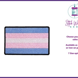 May include: Transgender pride flag patch with light blue, pink, and white stripes. Available as sew-on or iron-on patches. 7 size options.