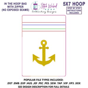 In the Hoop Anchor Bag Embroidery Design, ITH Zipper Bag, 5 X 7 Machine Embroidery Design, Fully Lined Zipper Pouch With No Exposed Seams