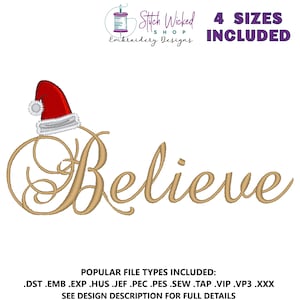 Nikolausmütze Believe Stickdatei, Weihnachten Believe Stickdatei, Urlaub Stickmuster, Stickerei