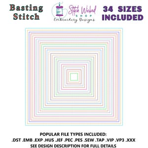 Basting Stitch Box Machine Embroidery Designs, Basting Stitch Embroidery Machine Files, Square Basting Borders, 34 Sizes Included