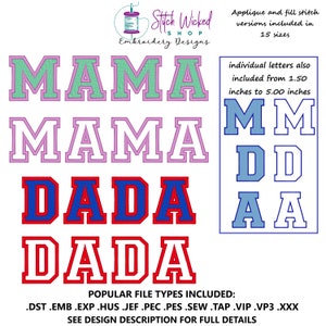 Mama Applique Machine Embroidery Design, Dada Embroidery Design, Mother&#39;s Day Embroidery, Fathers Day Gift, Applique Embroidery, 15 Sizes