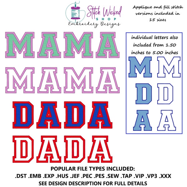 Mama Applique Machine Embroidery Design, Dada Embroidery Design, Mother's Day Embroidery, Fathers Day Gift, Applique Embroidery, 15 Sizes