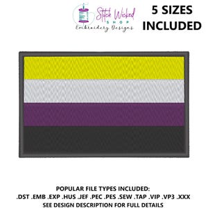 May include: An embroidered patch featuring the non-binary pride flag. The flag has five horizontal stripes: yellow, white, purple, white, and black. The patch is bordered in grey. The text "Stitch Wicked Shop Embroidery Designs" and "5 SIZES INCLUDED" are visible above the patch.