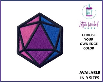 Pride D20 Iron On Patches, Bisexual Pride Flag Embroidered Patch, 9 Different Sizes Available, Tabletop Gamer Patches