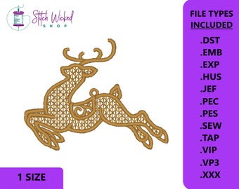 May include: A gold reindeer embroidery design for machine embroidery. The design is in a detailed, intricate style. File types included: DST, EMB, EXP, HUS, JEF, PEC, PES, SEW, TAP, VIP, VP3, XXX.