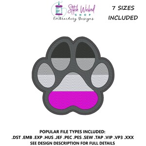 Könnte beinhalten: Ein grauer Pfotenabdruck mit einem pinkfarbenen, weißen und grauen Streifenmuster. Der Pfotenabdruck ist ein digitales Stickmuster, das in 7 Größen erhältlich ist. Die enthaltenen Dateitypen sind DST, EMB, EXP, HUS, JEF, PEC, PES, SEW, TAP, VIP, VP3 und XXX.