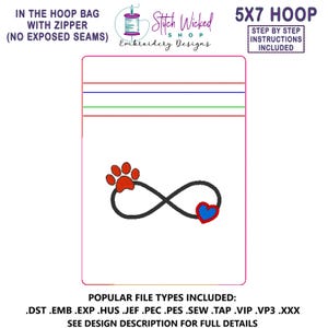 Zampa a forma di cuore infinito, ricamo a macchina per borsa a telaio, borsa con cerniera ITH, 5 x 7, astuccio foderato con cerniera, senza cuciture a vista