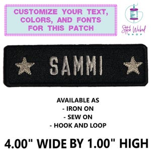 May include: Black personalized patch with the name "SAMMI" in white letters and two white stars on either side. The patch is 4 inches wide and 1 inch high. It is available in iron-on, sew-on, and hook and loop options.