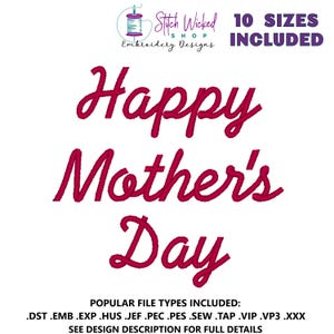 Happy Mother&#39;s Day machineborduurontwerp, Scriptlettertype machineborduurwerk, Moederdagcadeau borduurwerk, digitale download, 10 maten