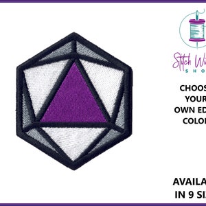 May include: A purple, white, and gray embroidered iron-on patch shaped like a 20-sided die. The text "Choose Your Own Edge Color" and "Available in 9 Sizes" is visible.
