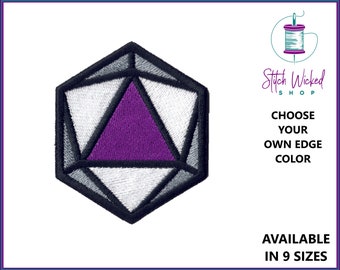 Pride D20 Iron On Patches, Asexual Pride Flag Embroidered Patch, 9 Different Sizes Available, Tabletop Gamer Patches