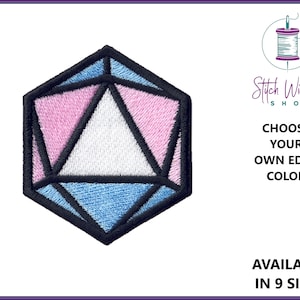 May include: An embroidered iron-on patch of a pink, white, and blue geometric shape resembling a die. The patch has a black outline and is available in 9 sizes. Choose your own edge color.