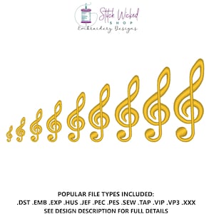 May include: A set of eight gold-colored treble clef embroidery designs in various sizes. The designs are arranged in a row from smallest to largest. The text "Stitch Wicked Shop Embroidery Designs" is at the top of the image. The text "POPULAR FILE TYPES INCLUDED: .DST.EMB.EXP .HUS.JEF.PEC.PES.SEW.TAP .VIP .VP3.XXX SEE DESIGN DESCRIPTION FOR FULL DETAILS" is at the bottom of the image.