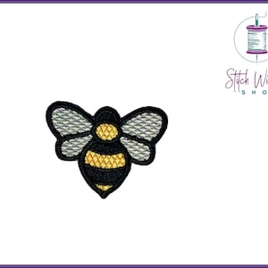 May include: An embroidered bee with black and yellow stripes and grey wings. The bee is a simple cartoon design.