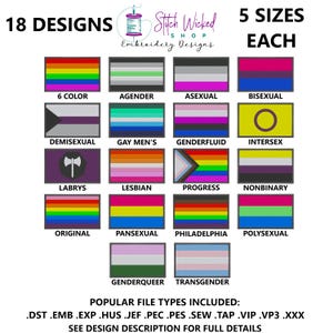 Può includere: Un download digitale di 18 progetti di ricamo con diverse bandiere pride. Le bandiere includono 6 colori, agender, asessuale, bisessuale, demisex, gay, genderfluid, intersex, labys, lesbica, progress, non binario, originale, pansex, Philadelphia, polisex, genderqueer e transgender. I tipi di file inclusi sono .DST, .EMB, .EXP, .HUS, .JEF, .PEC, .PES, .SEW, .TAP, .VIP, .VP3 e .XXX. Consulta la descrizione del design per maggiori dettagli.