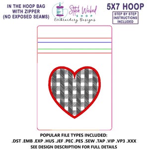 Plaid Applique Heart In the Hoop Bag Embroidery Design, ITH Zipper Bag, 5 X 7 Machine Embroidery Design, Lined Zipper Pouch No Exposed Seam