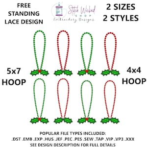 Christmas Ornament Hanger Embroidery Design, Holly Berries Free Standing Lace Machine Embroidery Design, Ornament Holder, Christmas Decor