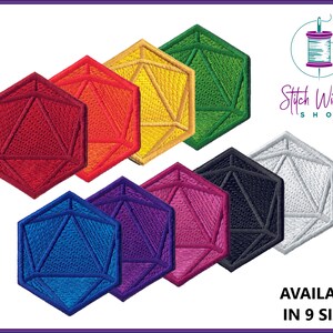 May include: Set of nine embroidered iron-on patches featuring a 20-sided die in various colors, including red, orange, yellow, green, blue, purple, black, white, and gray. The patches are available in nine sizes. Stitch Wicked Shop.