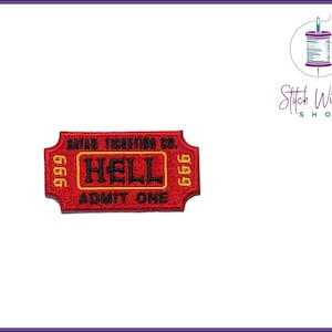 Peut inclure: Un billet rouge avec le texte "SATAN TICKETING CO. 666 HELL 666 ADMIT ONE" en lettres noires et jaunes.