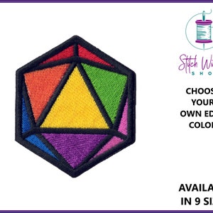 May include: Rainbow coloured embroidered patch shaped like a geometric die with black stitching. The text "Choose your own edge colour" and "Available in 9 sizes" is visible.