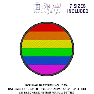 May include: A circular embroidery design featuring a rainbow pattern with red, orange, yellow, green, blue, and purple stripes. The design is outlined in black. Text includes "Stitch Wicked Shop Embroidery Designs" and "7 SIZES INCLUDED".