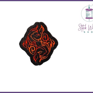 May include: An embroidered iron-on patch with a black background and a red and orange design of two stylised fish.