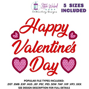 Happy Valentine&#39;s Day Machine Embroidery Design, Happy Valentine&#39;s WIth Hearts, Embroidery Pattern, Valentines Embroidery Design, 5 Sizes