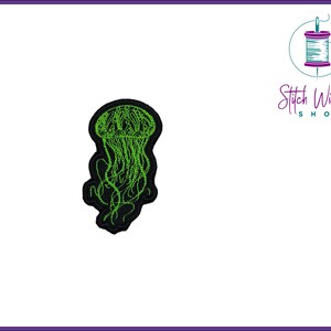 May include: Green embroidered jellyfish with black outline, a patch for sewing or ironing onto fabric.