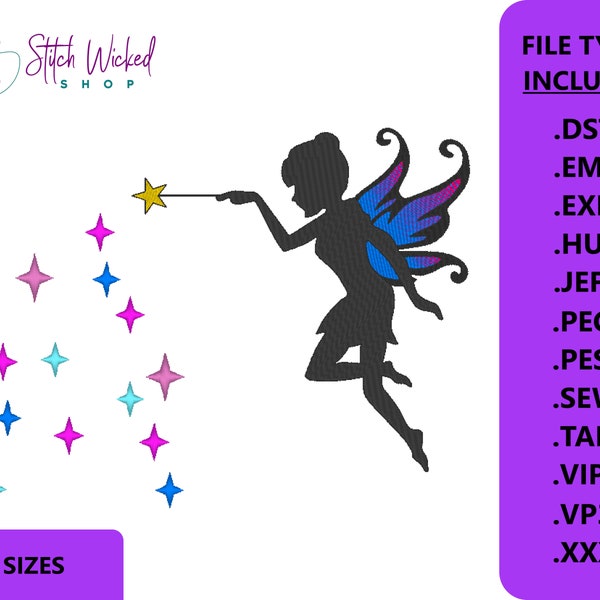 Fairy Embroidery Designs, Fairy Silhouette, Fairy With Wand, Fairy Sprite, Fairy Decor, Faerie, Fairy Wings, Fairy Sparkle, 8 Sizes, Fairy 3