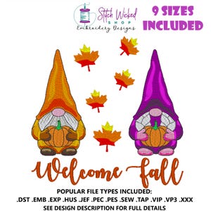 Gnome Embroidery Design, Welcome Fall, Cute Embroidered Gifts, Gnome Pumpkin Fantasy, Fall Maple Leaves Embroidery Design, 9 Sizes Included