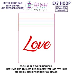 In the Hoop Love Script Bag Embroidery Design, ITH Zipper Bag, 5 X 7 Machine Embroidery Design, Fully Lined Zipper Pouch, No Exposed Seams