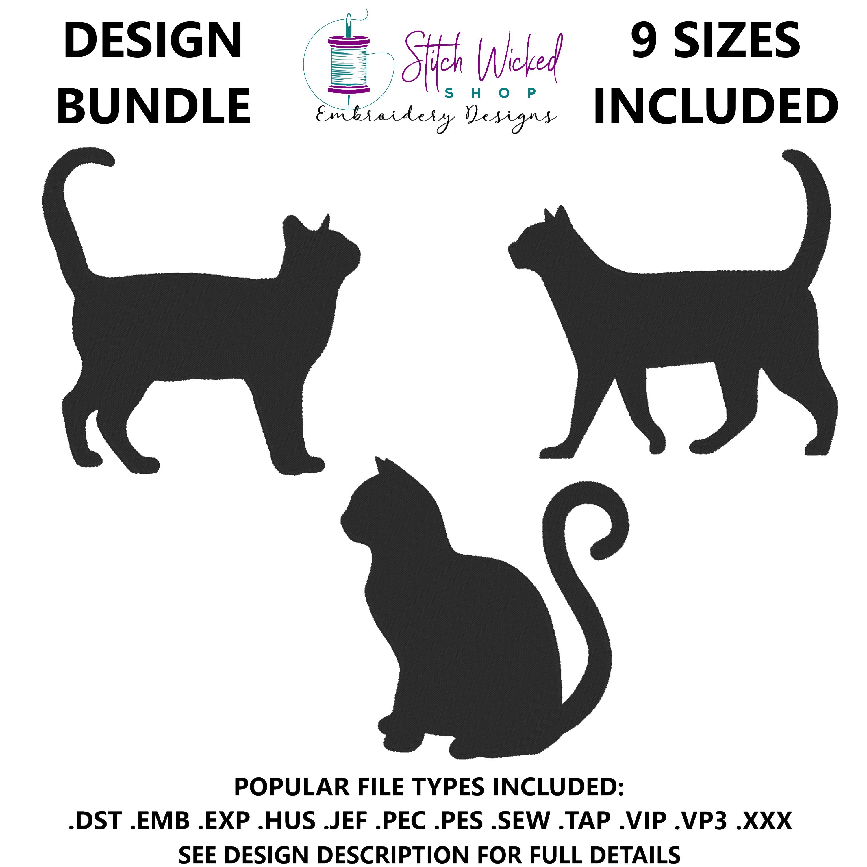 オーダー受付中　猫柄　猫シルエット　ハンドメイド 猫のシルエットの刺繍デザイン、猫のシルエットのデザインセット