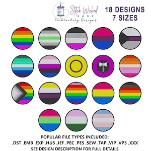 May include: An image showcasing 15 circular embroidery designs with various pride flags. The designs are in a rainbow of colors, including the LGBTQ+ pride flag, and other flags. The text "Stitch Wicked Shop Embroidery Designs" and "18 Designs 7 Sizes" is also visible.