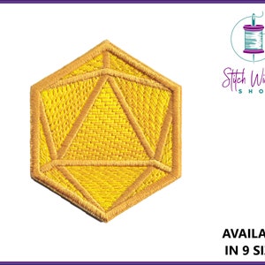 May include: Yellow embroidered iron-on patch of a 20-sided die, also known as a d20, a common game piece used in tabletop role-playing games.  The patch is available in nine sizes.