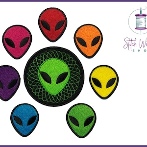 May include: Set of eight embroidered iron-on patches featuring alien faces in various colours, including red, pink, orange, green, purple, yellow, blue, and lime green. The patches are perfect for adding a quirky touch to clothing, bags, or other accessories.