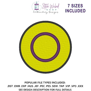 Puede incluir: Un diseño de bordado circular con un centro amarillo, un anillo interior púrpura y un anillo exterior negro. La imagen incluye el texto "7 TAMAÑOS INCLUIDOS" y "Stitch Wicked Shop Embroidery Designs". Se incluyen tipos de archivos populares.