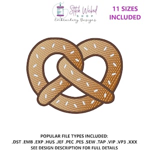 Puede incluir: Un pretzel marrón con chispas blancas. El pretzel tiene la forma de un nudo. La imagen incluye el texto "Stitch Wicked Shop Embroidery Designs" y "11 SIZES INCLUDED".