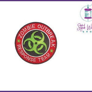 May include: Red and white embroidered patch with a green biohazard symbol and the text "Zombie Outbreak Response Team".
