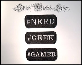 Nerd Geek Gamer Hashtag Patches, Individuell gestickter Aufnäher, wählen Sie Ihre benutzerdefinierten Farben, erhältlich als Aufnäher oder Aufbügler