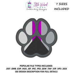 Könnte beinhalten: Ein grauer Pfotenabdruck mit einem violetten Streifen in der Mitte. Der Pfotenabdruck ist ein digitales Stickmuster, das in 7 Größen erhältlich ist. Die enthaltenen Dateitypen sind DST, EMB, EXP, HUS, JEF, PEC, PES, SEW, TAP, VIP, VP3 und XXX.