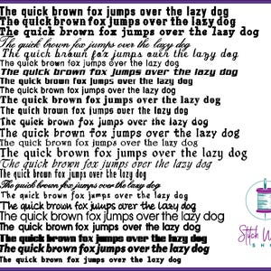 May include: A white background with black text that reads "The quick brown fox jumps over the lazy dog" repeated 25 times, with the numbers 76-100 listed on the left side of the text. The text is in a black font. The bottom right corner of the image has a logo that reads "Stitch Wicked SHOP" in black text with a purple and white spool of thread.