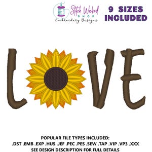 Sonnenblume Liebe Stickdatei, Maschinenstickerei, Liebesdesign, Maschinenstickerei, Erhältlich in 9 Größen