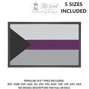 Puede incluir: Un parche bordado gris, negro y morado con un triángulo negro en la esquina superior izquierda. El texto "Stitch Wicked Shop Embroidery Designs" y "5 SIZES INCLUDED" está por encima del parche.