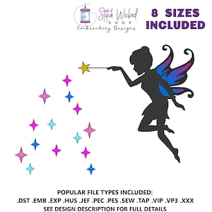 Diseños de bordado de hadas, silueta de hada, hada con varita, duendecillo de hada, decoración de hadas, hada, alas de hada, brillo de hada, 8 tamaños, hada 3